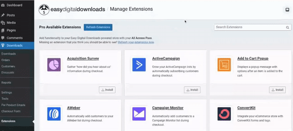 extensions-edd-wordpress – Easy Digital Downloads The EDD extensions screen in WordPress.