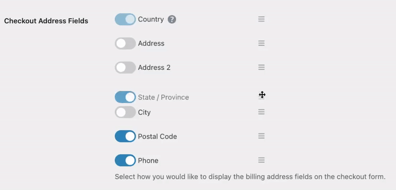 Reordering checkout address fields in Easy Digital Downloads plugin settings.