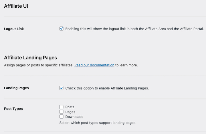 Affiliate UI settings in WordPress.