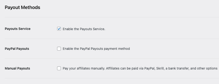 The Payout Method settings in AffiliateWP WordPress plugin.