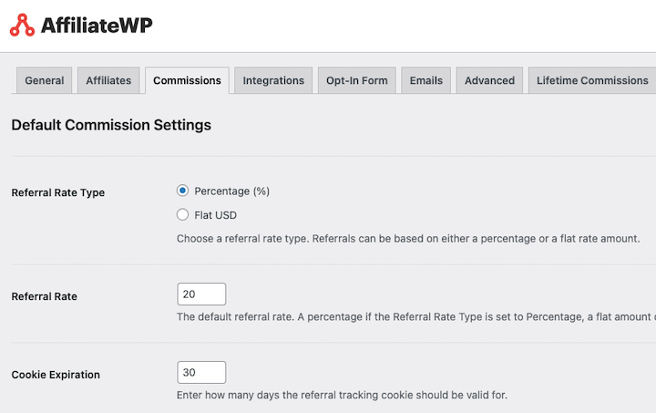Configuring commission settings for affiliate program in WordPress. 