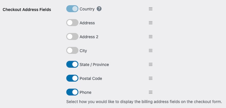 Toggles to customize checkout address fields in WordPress.