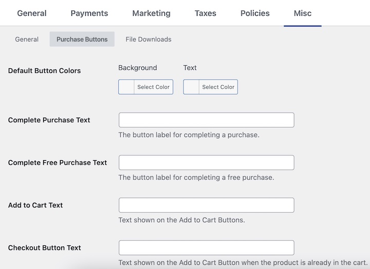 The WordPress settings to customize Easy Digital Downloads default purchase buttons. 