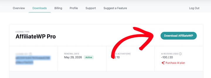 The option to Download AffiliateWP plugin from website.