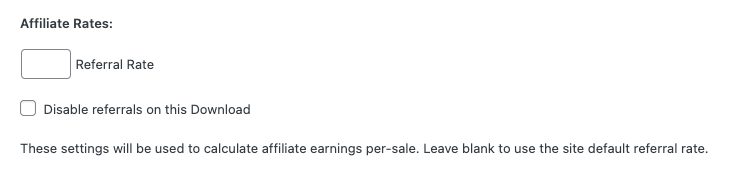 Settings for digital product affiliate rates using EDD and AffiliateWP integration for commissions.