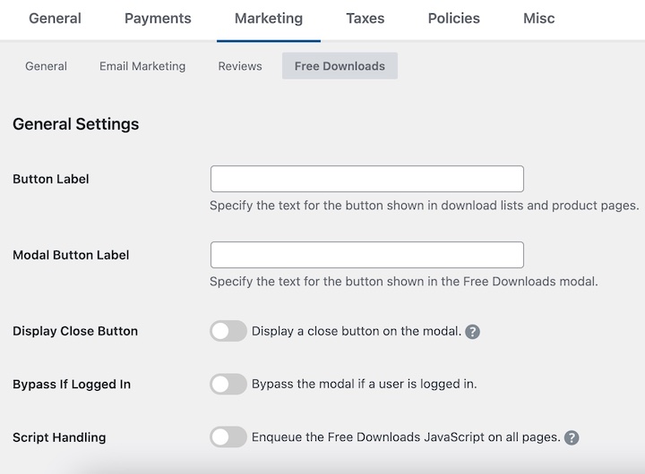 The EDD Free Downloads addon settings.