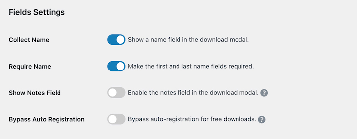 The Field Settings for a free downloads modal in WordPress