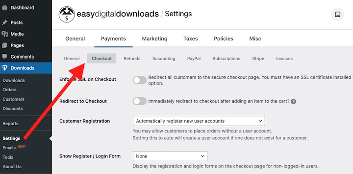 Easy Digital Downloads Checkout settings in WordPress.