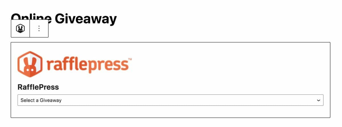 The option to Select a Giveaway from the RafflePress WordPress block.