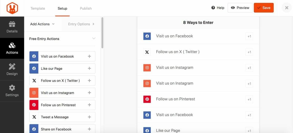 Adding entry options for an online giveaway.