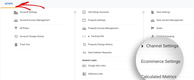 The Google Analytics admin eCommerce settings.