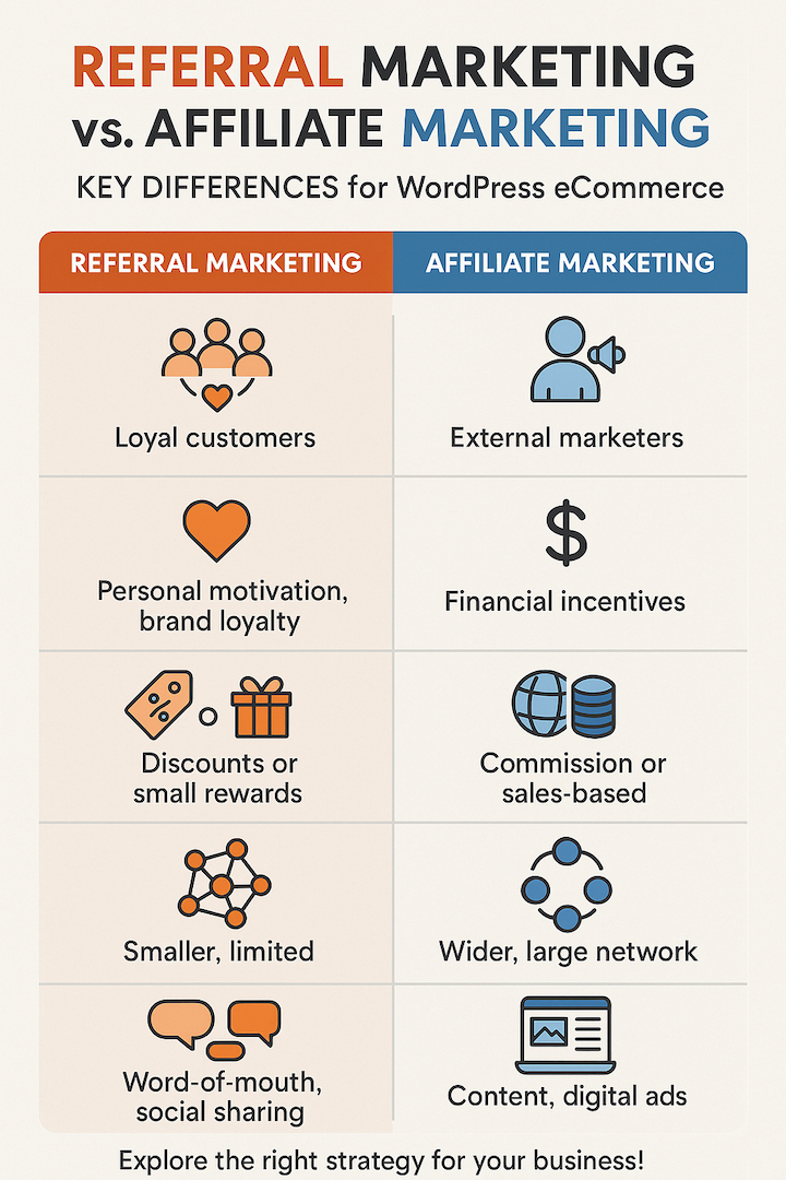 Comparison of referral marketing vs affiliate marketing for WordPress eCommerce growth.