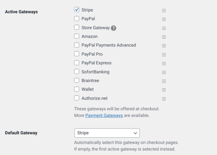 The active payment gateways options in EDD.