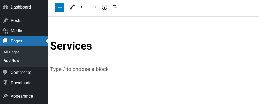 Adding a new page for selling services on a WordPress website.