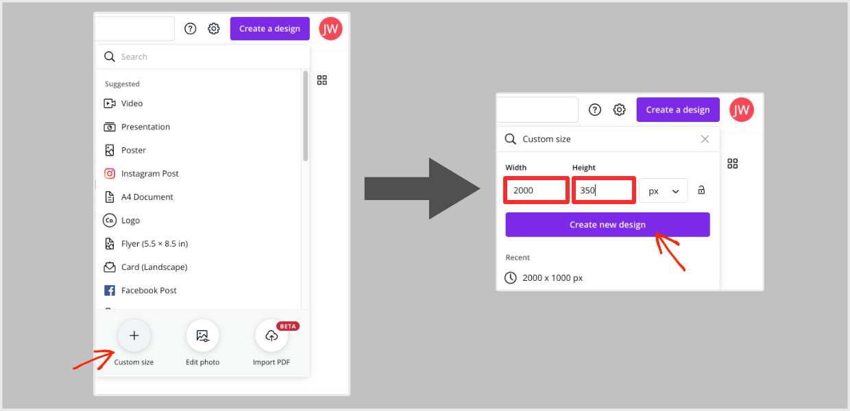 Canva custom size settings