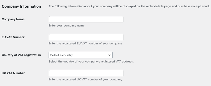 Easy Digital Downloads VAT company information settings. 