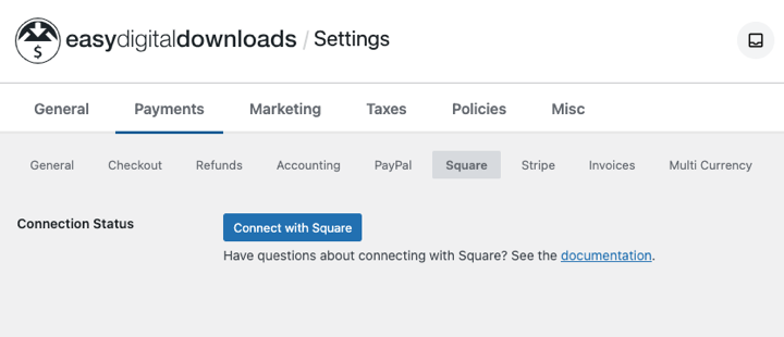Settings to accept Square payments in WordPress with Easy Digital Downloads.