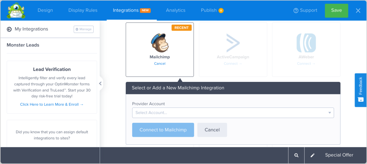 Connecting Mailchimp integration to OpinMonster exit intent popup.