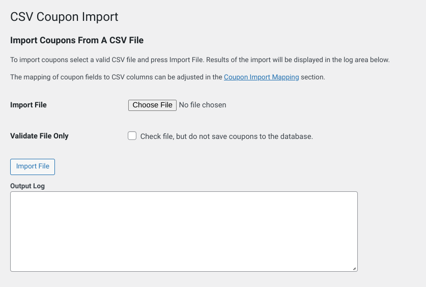 The Coupon Importer screen in WordPress.