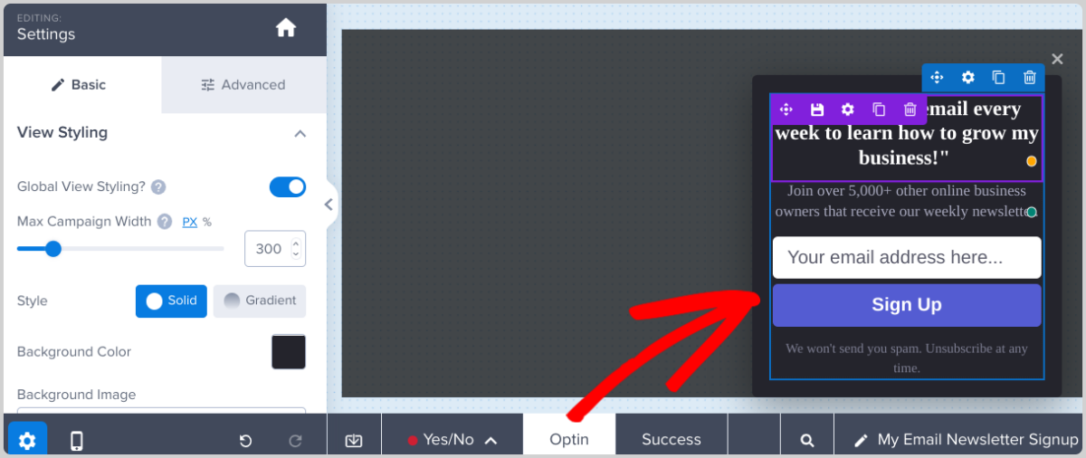Customizing an email newsletter signup form in OptinMonster.