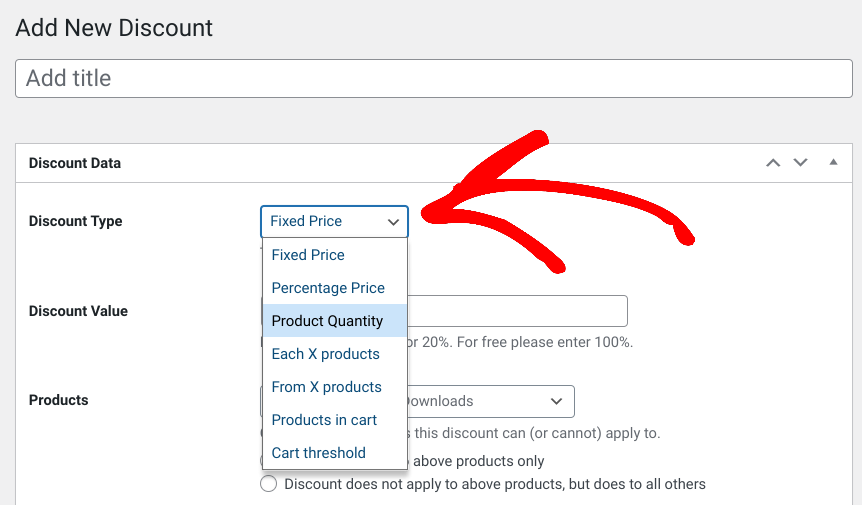 The Discount Type drop-down menu otpions.