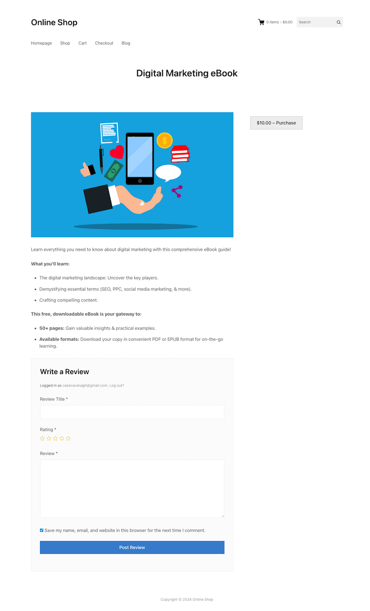 Preview of a product page selling files online with WordPress.
