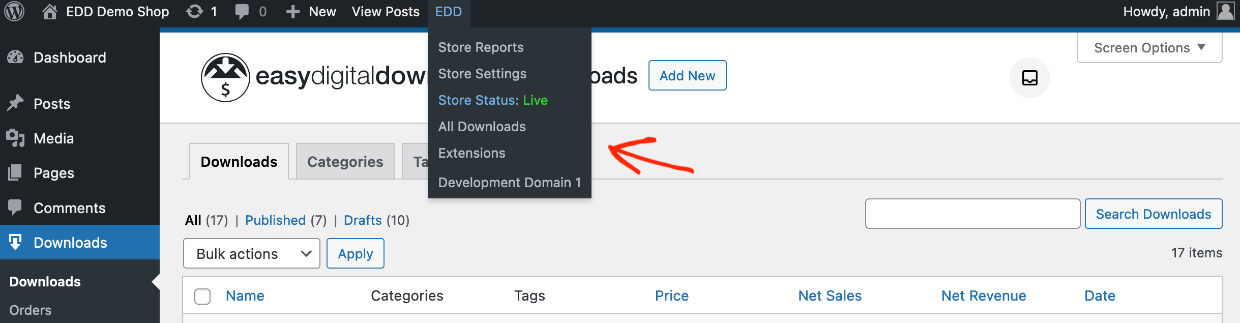 Screenshot: EDD 3.0 top admin bar
