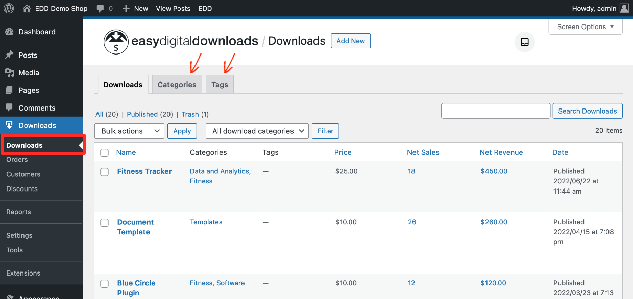 Screenshot: EDD 3.0 New Categories and Tags Tabs