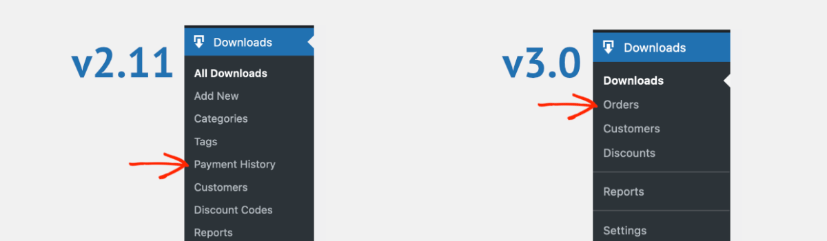 Screenshot: Payment History now called Orders
