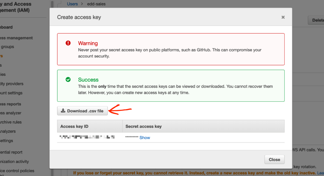 Screenshot: Amazon S3 Access Keys Created