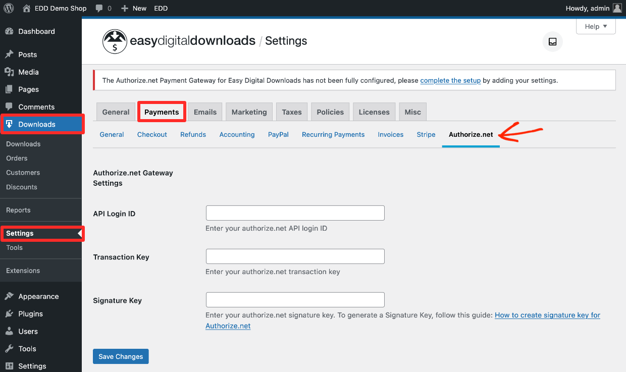 Screenshot: EDD Authorize.net settings