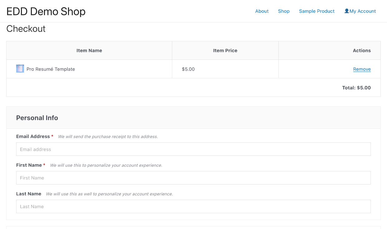 Screenshot: Resume in the cart