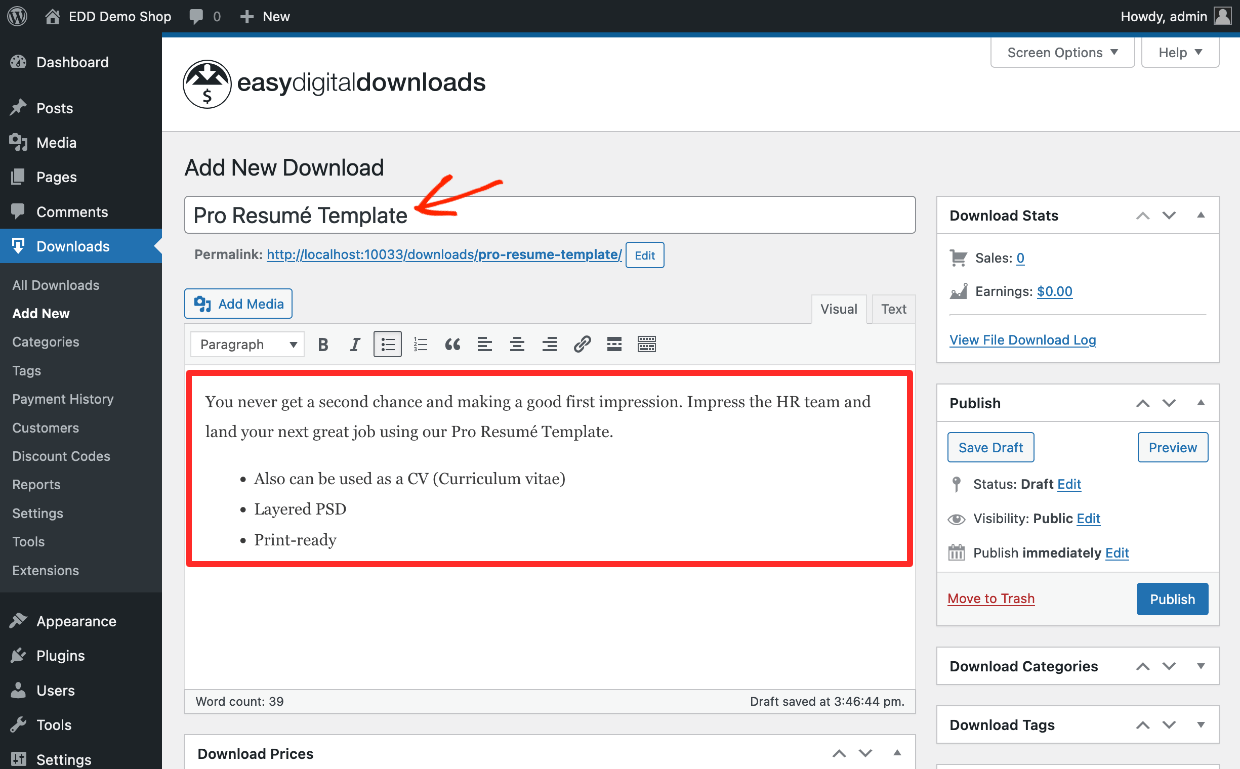 Screenshot: EDD download - add title and description