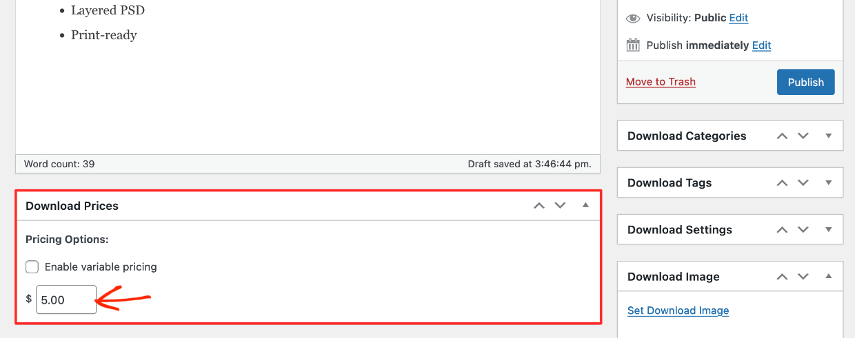Screenshot: EDD download - set price