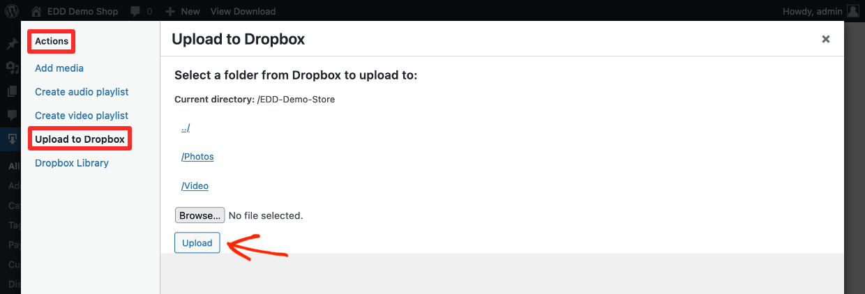 Screenshot: Dropbox media action - upload