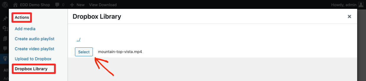 Screenshot: Dropbox media action - select