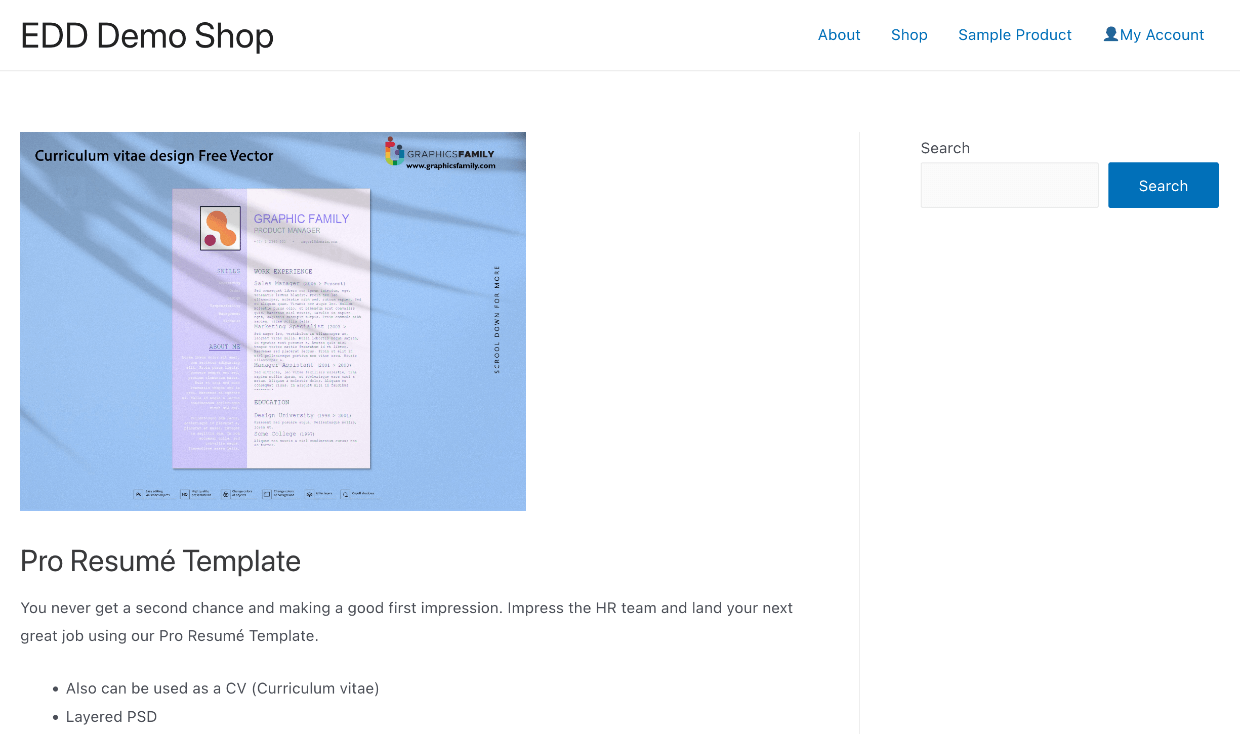 Screenshot: Resume on front-end ready to sell graphics and digital art