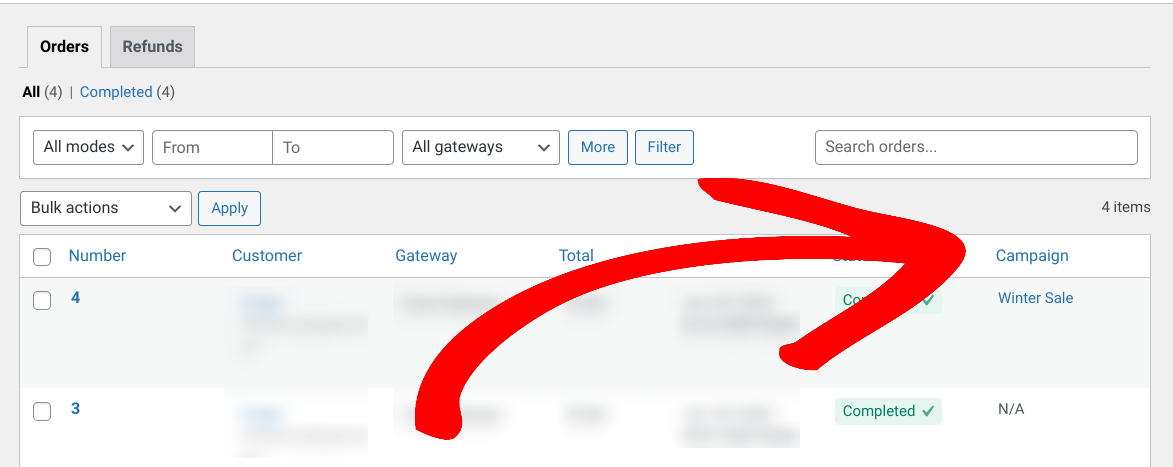 The Campaign column in the payment history order table in EDD.