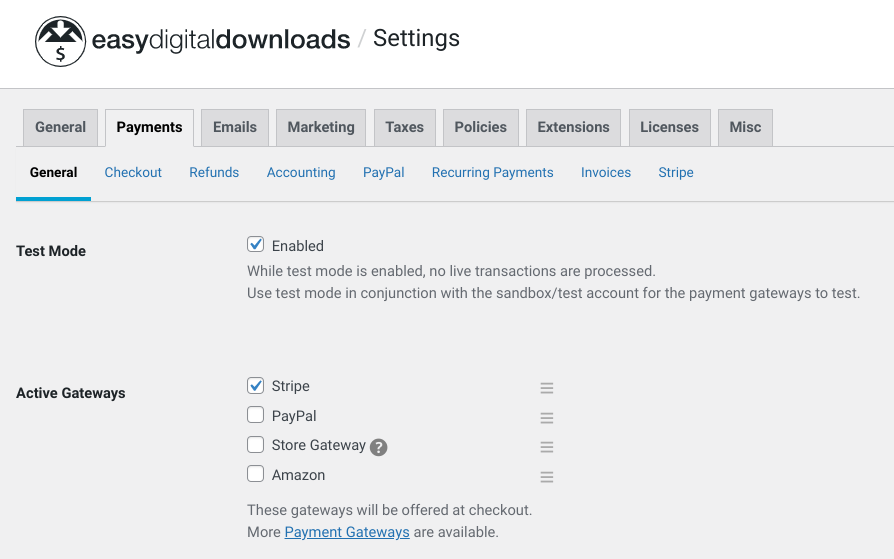 The Easy Digital Downloads payment settings.