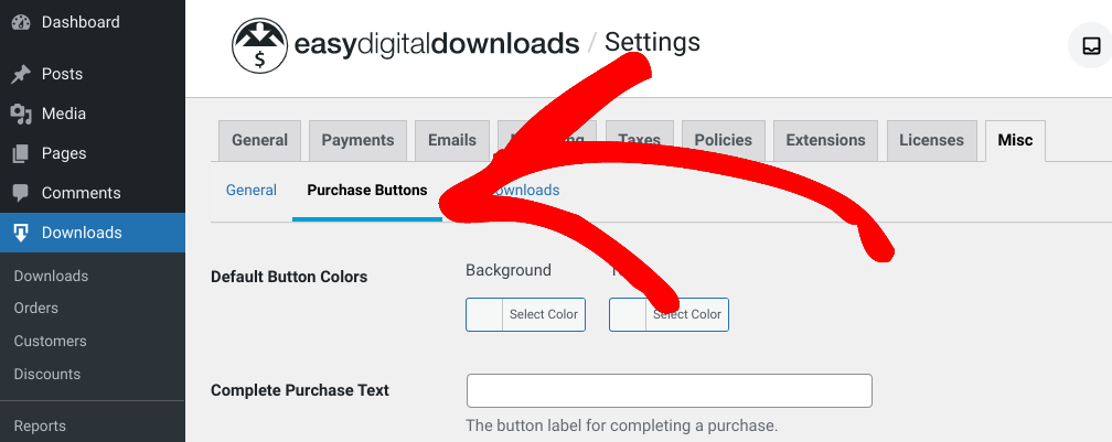 The EDD purchase buttons settings.