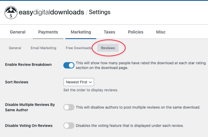 The Reviews plugin settings in Easy Digital Downloads and WordPress.