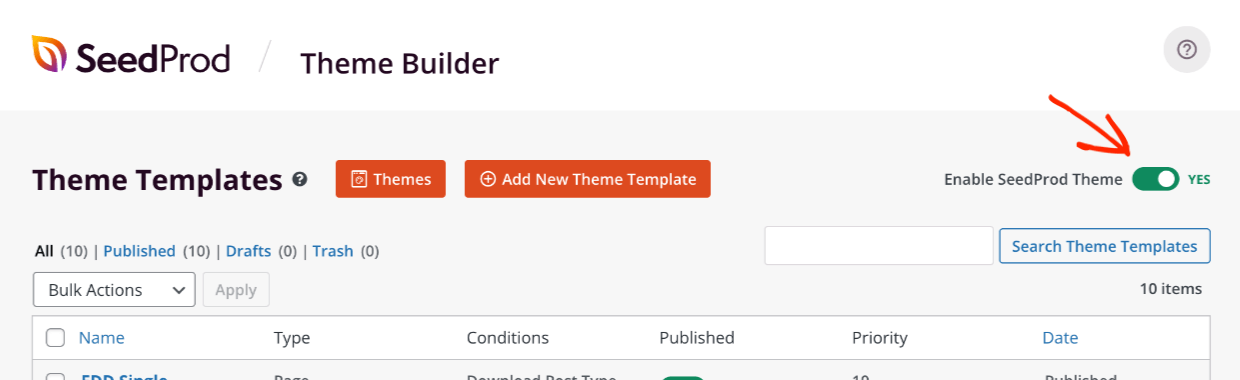Screenshot: Enable SeedProd Theme toggle
