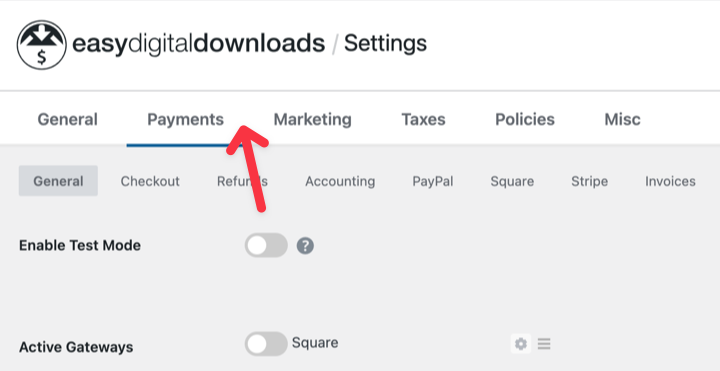 Easy Digital Downloads payments settings.