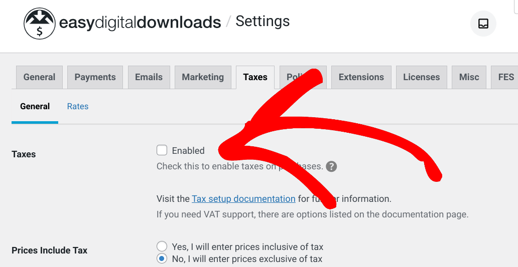 The Taxes tab in EDD settings.