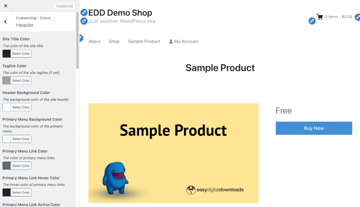Screenshot: the Customizer