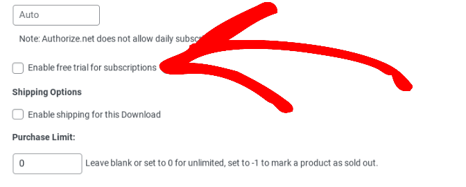 The option to enable a free trial subscription in WordPress using EDD.