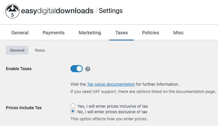 Option to enable taxes in Easy Digital Downloads settings.
