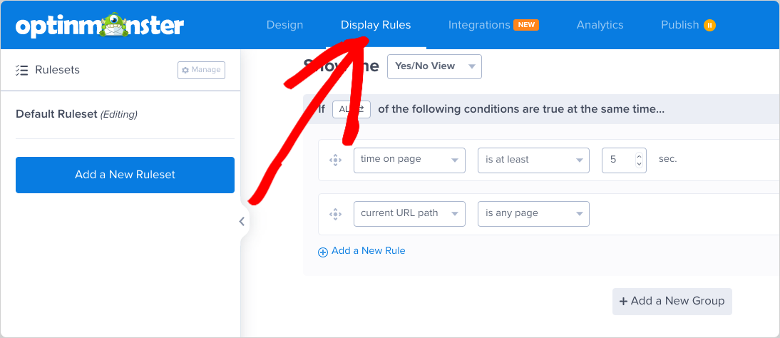 The Display Rules for an OptinMonster exit intent popup.