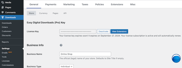 The Easy Digital Downloads plugin general settings.