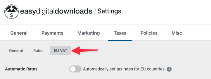 EU VAT for Easy Digital Downloads menu item and settings.